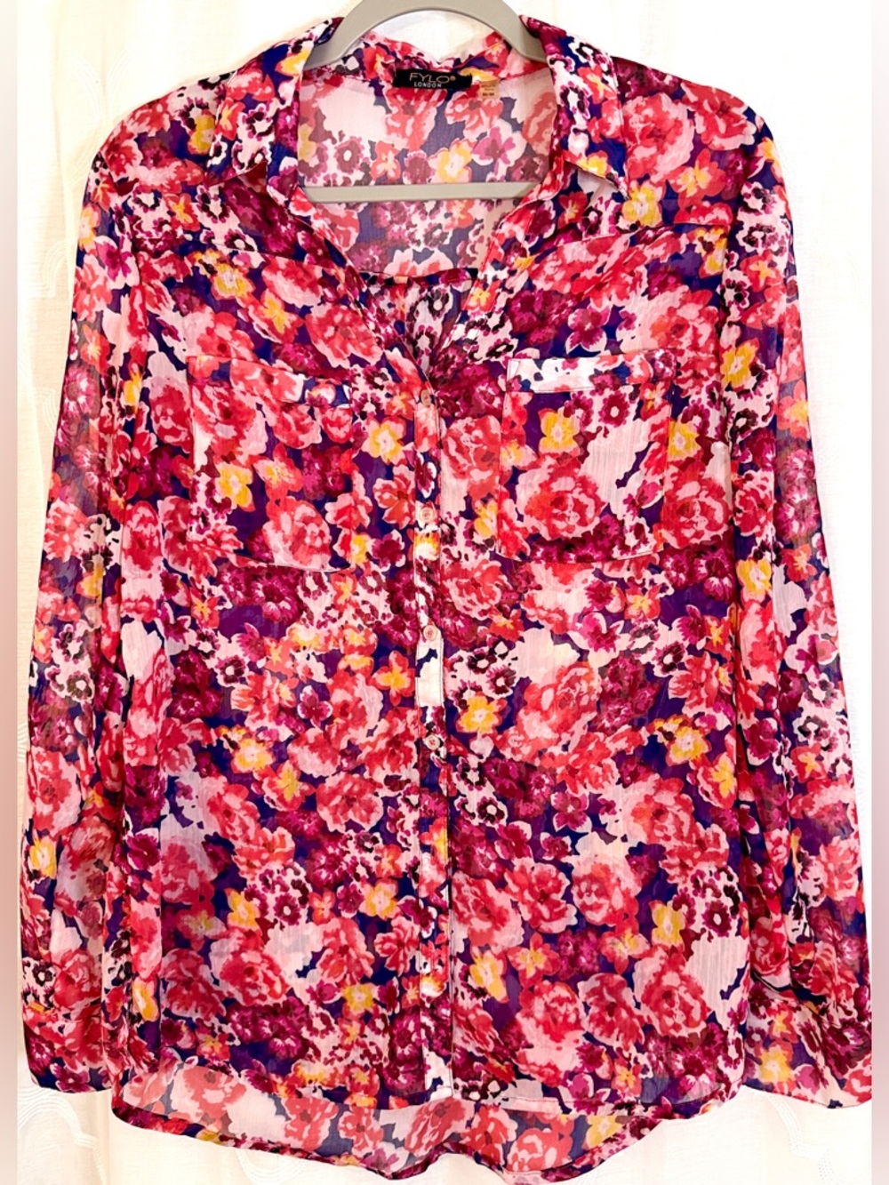FYLO London Floral Blouse Medium Sheer Button Front Pink Red Boho Romantic Top